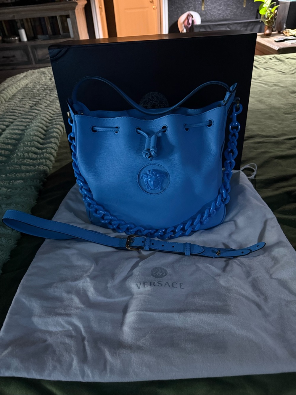 Versace Bright Blue Leather Drawstring Hobo with Chain Detail